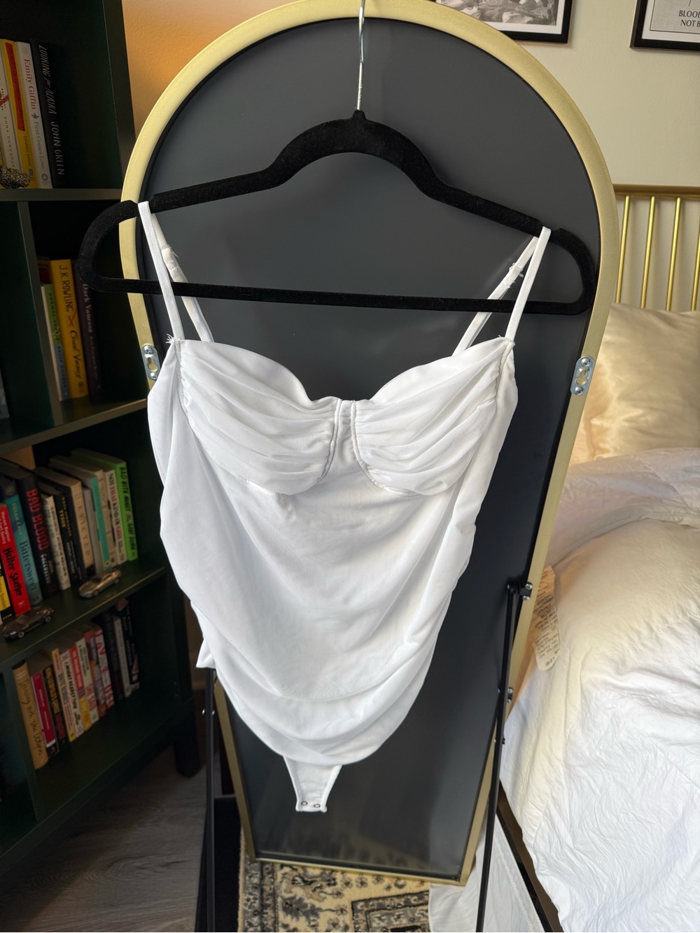 White Sheet Bodysuit with Ruched Bust